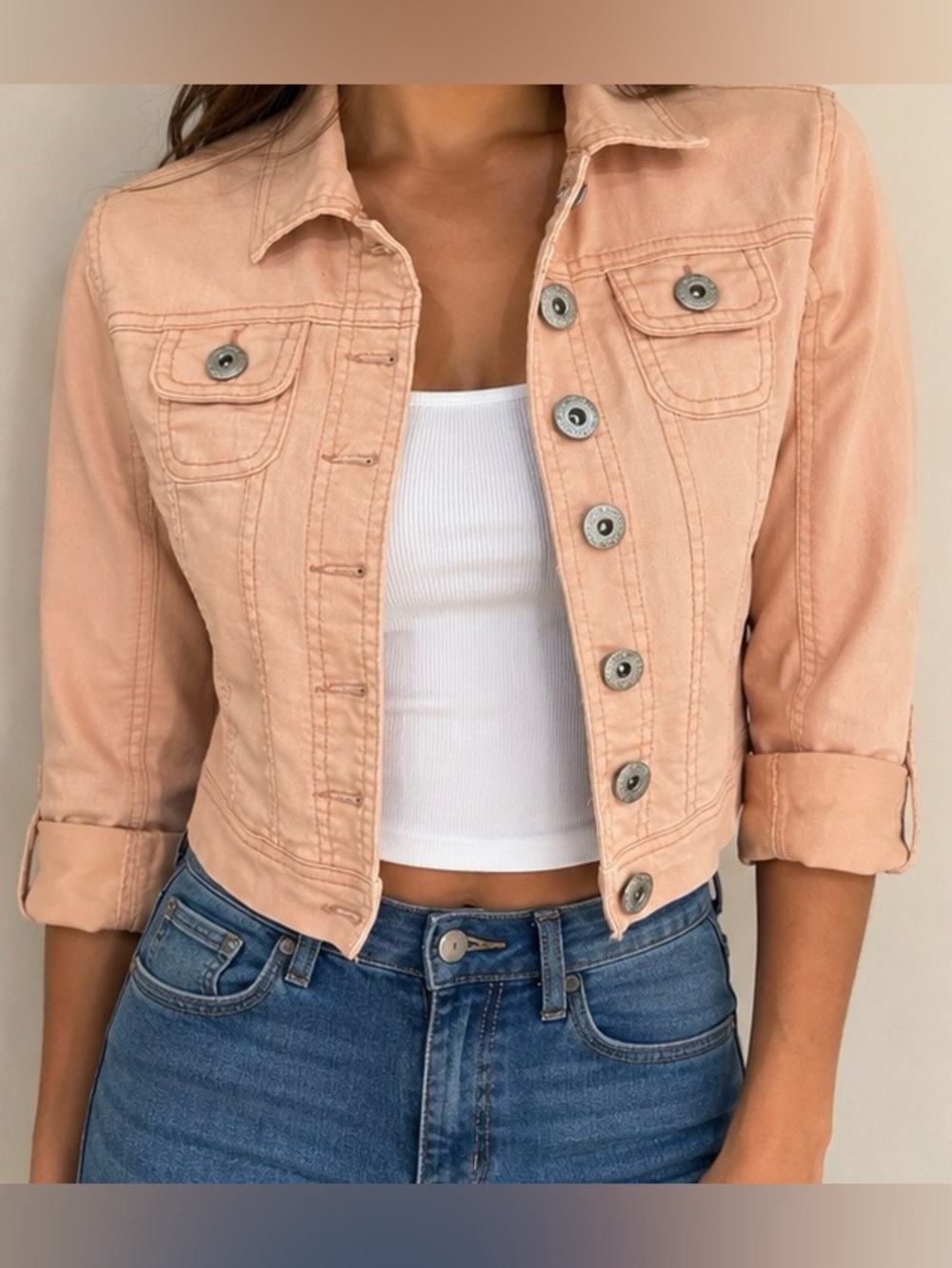 Classic Cropped Peach Denim Jacket